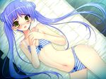  1girl blue_hair blush bra flat_chest game_cg hime_x_hime lying panties solo striped striped_bra striped_panties striped_underwear takamura_honami underwear yellow_eyes 