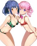  bikini blue_hair blush bow bowtie braid breasts cleavage detached_collar drill_hair food_print green_bikini hair_ribbon highres large_breasts looking_at_viewer multiple_girls navel orange_eyes original pink_hair purple_eyes red_bikini ribbon shin'ya_(shin'yanchi) short_hair simple_background smile swimsuit twin_drills twintails watermelon_print white_background yuri 