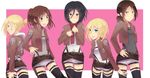  :&lt; adapted_costume annie_leonhardt black_eyes black_hair blonde_hair blue_eyes bluesnuggle blush brown_eyes brown_hair christa_renz emblem jacket long_sleeves mikasa_ackerman multiple_girls open_mouth paradis_military_uniform ponytail sasha_braus scarf shingeki_no_kyojin short_hair shorts thigh_strap thighhighs training_corps_(emblem) ymir_(shingeki_no_kyojin) 