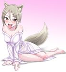  animal_ears bare_shoulders barefoot blush breasts brown_eyes cleavage collarbone dan_(orange_train) earrings idolmaster idolmaster_cinderella_girls jewelry large_breasts long_legs long_sleeves off_shoulder open_mouth shiomi_shuuko short_hair silver silver_hair solo tail tongue wide_sleeves wolf_ears wolf_tail 