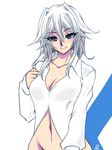  alternate_hairstyle blue_eyes blush bottomless breasts cleavage collarbone dress_shirt izayoi_sakuya large_breasts looking_at_viewer naked_shirt navel shirt short_hair silver_hair smile solo tajima_yuuki touhou 