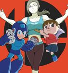  1girl 2boys axe breasts brown_hair capcom cleavage doubutsu_no_mori grin midriff multiple_boys nintendo rockman rockman_(character) sawblade short_hair simple_background smile super_smash_bros. trainer_(wii_fit) villager_(doubutsu_no_mori) weapon wii_fit wii_fit_trainer you_gonna_get_raped 