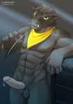  aledonrex anthro balls big_muscles big_penis dripping erection fangs fur hair looking_at_viewer male mammal muscles nude pecs penis pig plain_background porcine precum scarf solo standing vein wheat yellow_eyes 