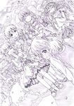  bandages cirno dutch_angle graphite_(medium) hijiri_byakuren ibaraki_kasen monochrome multiple_girls ritual_baton rumia shiki_eiki sketch sword tears touhou toyosatomimi_no_miko traditional_media weapon wrwr 