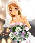  bad_id bad_pixiv_id bouquet breasts cleavage collarbone dress flower gloves idolmaster idolmaster_million_live! jewelry long_hair medium_breasts momose_rio necklace orange_hair purple_eyes smile solo suzuna_rin veil wedding_dress 