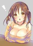  1girl :o blush breast_hold breasts brown_hair cleavage collarbone grey_background hair_bobbles hair_ornament idolmaster idolmaster_cinderella_girls index_finger_raised jewelry large_breasts long_sleeves necklace off_shoulder open_mouth short_hair short_twintails solo totoki_airi tottoto_tomekichi twintails yellow_eyes 