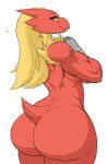  2019 anthro avian back_muscles bedroom_eyes biceps big_butt blaziken blonde_hair blue_eyes breasts butt danonymous feathers female hair half-closed_eyes huge_butt looking_at_viewer looking_back muscular muscular_female nintendo nude pok&eacute;mon pok&eacute;mon_(species) red_feathers seductive side_boob simple_background solo standing thick_thighs triceps video_games white_background wide_hips yellow_sclera 