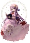  book bow crescent frills hair_bow hat kishiro_(michiko) lavender_eyes lavender_hair long_hair looking_at_viewer patchouli_knowledge shoes socks solo star striped touhou very_long_hair 