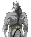  anthro back_turned biceps big_muscles black_nose blue_background butt canine facial_markings frown fundoshi fur grey_fur hair looking_at_viewer looking_back male mammal markings morenatsu muscles plain_background scar solo standing ten_kodori transparent_background underwear unknown_artist wolf yellow_eyes 