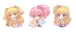  animal_ears black_legwear blonde_hair blue_eyes blush candy character_name collarbone fang food green_eyes highres idolmaster idolmaster_cinderella_girls jougasaki_mika jougasaki_rika lion_ears lion_paw lion_tail lollipop long_hair multiple_girls navel off_shoulder one_side_up ootsuki_yui open_mouth pink_hair pocopoco short_shorts short_sleeves shorts side_ponytail star tail thighhighs two_side_up v very_long_hair yellow_eyes 