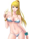  bikini blonde_hair bracelet breasts cleavage food green_eyes highres jewelry kukua_(mosushi) large_breasts long_hair metroid navel ponytail popsicle samus_aran strap_gap swimsuit tongue tongue_out white_background wrist_cuffs 