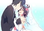  1girl antenna_hair bad_id bad_pixiv_id black_hair closed_eyes couple dress flower forehead_kiss glasses hetero idolmaster idolmaster_(classic) kasuga_souichi kikuchi_makoto kiss long_sleeves open_mouth producer_(idolmaster_anime) short_hair tears veil wedding_dress 