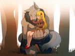  animal_ears bad_id bad_twitter_id belt blonde_hair carrying clenched_hands closed_eyes copyright_request erubo flower fur grass hair_ornament hug long_sleeves one_eye_closed open_mouth orange_eyes puffy_sleeves scar sweatdrop tail tree werewolf wolf_ears wolf_tail 