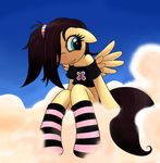  anthro anthrofied apony black_hair blue_eyes clothing cloud clouds colored cute edit equine female fluttershy_(mlp) friendship_is_magic fur goth hair hair_over_eye horse legwear mammal my_little_pony pegasus pony side_ponytail sitting smile solo stockings truely_anonymous wings yellow_fur 