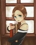  bad_id bad_pixiv_id blue_eyes book book_hug braid brown_hair hair_over_shoulder holding holding_book lips long_hair original sashimi_(adam026) single_braid solo window 