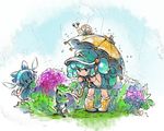  azito7 backpack bag bent_over blue_dress blue_eyes blue_hair boots bow cirno dress flower frog green_eyes green_hair hair_bobbles hair_bow hair_ornament hat hydrangea ice ice_wings kawashiro_nitori leaf_umbrella multiple_girls pigeon-toed rain rubber_boots smile snail touhou two_side_up umbrella wings 