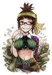  akizuki_ritsuko belt bracelet brown_hair buckle code-aa coin commentary_request crown earrings folded_ponytail glasses gold_bar grin hand_on_own_face headband highres hoop_earrings idolmaster idolmaster_(classic) jewelry looking_away midriff scepter smile solo treasure_chest 