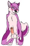  black_nose blue_eyes blush canine chest_tuft dog fur girly humanoid_penis husky kneeling male mammal muzz one_eye_closed penis pink_fur pkay plain_background smile solo tuft white_background wink wolf 