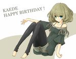  alternate_legwear black_legwear blue_eyes character_name collarbone fringe_trim green_eyes green_hair happy_birthday heterochromia idolmaster idolmaster_cinderella_girls leggings legwear_under_shorts mole mole_under_eye short_hair shorts smile solo takagaki_kaede white_background 