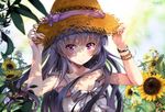  2013 amayofuu artist_name black_hair blush bracelet dappled_sunlight dated dress flower gokou_ruri hands_on_headwear hat hat_ribbon jewelry leaf long_hair mole mole_under_eye ore_no_imouto_ga_konna_ni_kawaii_wake_ga_nai parted_lips purple_eyes ribbon smile solo strap_slip straw_hat sun_hat sundress sunflower sunlight tree_shade white_dress 