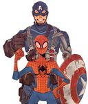  2boys bad_id bad_pixiv_id captain_america closed_eyes gloves grin marvel mask multiple_boys shield simple_background smile spider-man spider-man_(series) standing steve_rogers white_background zentai 