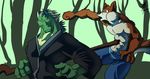  anthro cane canine donryu dragon duo fight fox green_dragon hi_res japan male mammal navel punch stomach student teacher topless violence 