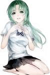  dress_shirt fingers_together green_eyes green_hair half_updo highres higurashi_no_naku_koro_ni kafi long_hair neckerchief open_mouth school_uniform seiza shirt short_sleeves simple_background sitting skirt solo sonozaki_shion symbol-shaped_pupils white_background 