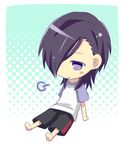  bad_id bad_pixiv_id black_hair chibi hair_over_one_eye hataraku_maou-sama! long_hair lowres nako_(serineko) purple_eyes shorts urushihara_hanzou 