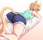  ahoge animal_ears ass bare_legs bare_shoulders barefoot blonde_hair blue_eyes breasts cat_ears cat_tail denim denim_shorts medium_breasts original pudding_(tonpuu) short_shorts shorts sideboob solo tail tail_slit_clothes tail_through_clothes tonpuu twintails white_background 