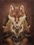  amber_eyes ambiguous_gender canine claws dark_natasha feather feral fox jewelry looking_at_viewer mammal necklace paws red_fox signature solo traditional_media 