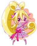  8041mm :d aida_mana blonde_hair boots bow chibi cure_heart dokidoki!_precure hair_ornament heart heart_hair_ornament knee_boots long_hair open_mouth outstretched_arm pink_bow pink_eyes pink_footwear pink_sleeves ponytail precure smile solo standing 