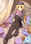  bed beret bird blonde_hair bunny dinosaur frenda_seivelun hat long_hair pantyhose pillow ponishi. purple_eyes solo stuffed_animal stuffed_toy teddy_bear thighband_pantyhose to_aru_kagaku_no_railgun to_aru_majutsu_no_index 