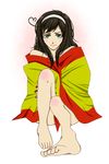  ahoge artist_request axis_powers_hetalia bangs bare_shoulders barefoot black_hair blush embarrassed feet flag genderswap green_eyes hairband heart_ahoge highres long_hair looking_at_viewer nude parted_bangs sitting solo spain_(hetalia) toes 