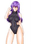  breasts cameltoe collarbone dog_tags hagane_soushi impossible_clothes impossible_swimsuit long_hair lyrical_nanoha mahou_shoujo_lyrical_nanoha_strikers numbers_(nanoha) purple_hair solo swimsuit thigh_gap uno_(nanoha) white_background yellow_eyes 