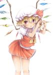  :o bad_id bad_pixiv_id bare_legs blonde_hair blush flandre_scarlet hat hat_ribbon heart heart_hands highres nyamoya red_eyes ribbon short_hair side_ponytail simple_background skirt solo touhou white_background wings 