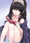  bangs black_hair blue_eyes book hair_over_eyes hairband holding holding_book idolmaster idolmaster_cinderella_girls long_hair matsuryuu nude off_shoulder open_book parted_lips pinstripe_pattern sagisawa_fumika shawl sitting solo striped 