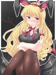  :o alternate_costume animal_ears bare_shoulders black_legwear blonde_hair blush bow bowtie breasts bunny_ears bunny_girl bunnysuit fake_animal_ears hair_bow hammer_(sunset_beach) large_breasts long_hair open_mouth pantyhose purple_eyes solo touhou yakumo_yukari 