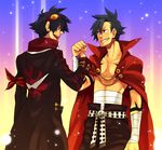  blue_hair cape coat fist_bump goggles goggles_on_head grin kamina male_focus multiple_boys noeru_(soul64) shirtless simon smile spoilers tattoo tengen_toppa_gurren_lagann 