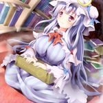  book bow breasts capelet crescent dress hat huge_breasts library long_hair matamataro patchouli_knowledge purple_eyes purple_hair ribbon sitting solo touhou voile wariza 