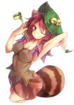  ;) animal_ears blush breasts brown_eyes brown_hair cleavage closed_mouth futatsuiwa_mamizou hat large_breasts leaf leaf_on_head no_eyewear one_eye_closed raccoon_ears raccoon_tail short_hair simple_background skirt smile snowcanvas solo tail touhou white_background 