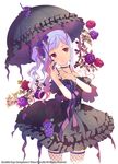  bad_id bad_pixiv_id beads black_dress choker dress fishnet_legwear fishnets flower frills gothic_lolita h2so4 hair_flower hair_ornament leaf lolita_fashion long_hair moriah_saga nail_polish parasol puffy_sleeves purple_flower purple_hair purple_legwear purple_rose red_eyes red_flower red_rose ribbon rose side_ponytail solo strapless strapless_dress thighhighs umbrella 