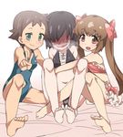  :d barefoot bikini black_hair blush breasts brown_hair competition_swimsuit feet girl_sandwich green_eyes hair_over_eyes kounosu_satori long_hair mao_(sengoku_collection) multiple_girls murata_(sengoku_collection) navel nose_blush one-piece_swimsuit open_mouth red_eyes sandwiched sengoku_collection shaded_face short_hair sitting small_breasts smile swimsuit twintails v wavy_mouth yumi_(sengoku_collection) 