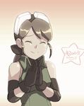  animated animated_gif bare_shoulders black_gloves bow brown_hair clapping closed_eyes doll_joints elbow_pads gloves goggles goggles_on_head hair_bow happy junkpuyo long_hair original plume_(junkpuyo) ponytail smile solo zipper 