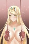  1girl bangs blonde_hair blush breasts chocolate commentary earrings gem hair_ornament headpiece highres hikari_(xenoblade_2) jewelry large_breasts liquid long_hair looking_at_viewer mebi_(mebieru) nintendo nude solo staring swept_bangs tiara valentine very_long_hair xenoblade_(series) xenoblade_2 yellow_eyes 