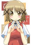  bad_id bad_pixiv_id blush brown_eyes brown_hair copyright_name hair_ornament hairclip hidamari_sketch highres looking_at_viewer naruse_mai own_hands_together school_uniform short_hair smile solo steepled_fingers x_hair_ornament yuno 