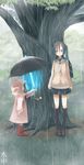  black_eyes black_hair blush boots cardigan helmet hood icemissile long_hair looking_at_another original rain raincoat school_uniform skirt twintails umbrella wet wet_clothes 