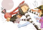  2boys ass belt bent_over blood character_name copyright_name crown eye_pop ghost helmet highres long_hair midriff multiple_boys no_panties nosebleed one_piece open_mouth perona pink_hair striped striped_legwear thighhighs translation_request twintails usopp yooo zombie 