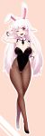 1girl ;d animal_ears black_footwear black_leotard black_neckwear blush breasts brown_background brown_legwear bunny_ears bunny_girl bunny_tail bunnysuit cleavage collar commentary_request crossed_legs detached_collar dev fingernails fishnet_pantyhose fishnets full_body hair_flaps head_tilt highres large_breasts legs_crossed leotard long_hair long_legs looking_at_viewer nail_polish necktie one_eye_closed open_mouth original outline pantyhose red_nails shoes short_necktie sidelocks smile solo star strapless strapless_leotard tail two-tone_background upper_teeth v_over_eye very_long_hair watson_cross white_background white_collar white_hair white_outline 
