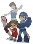  2boys artist_request clothes_writing doubutsu_no_mori exercise hand_net midriff multiple_boys navel rockman rockman_(character) simple_background smile super_smash_bros. villager_(doubutsu_no_mori) wii_fit wii_fit_trainer 