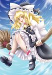  akiko-sou blonde_hair braid broom broom_riding hair_ribbon hat hat_ribbon highres kirisame_marisa mary_janes ribbon shoes side_braid sidesaddle solo touhou witch_hat yellow_eyes 